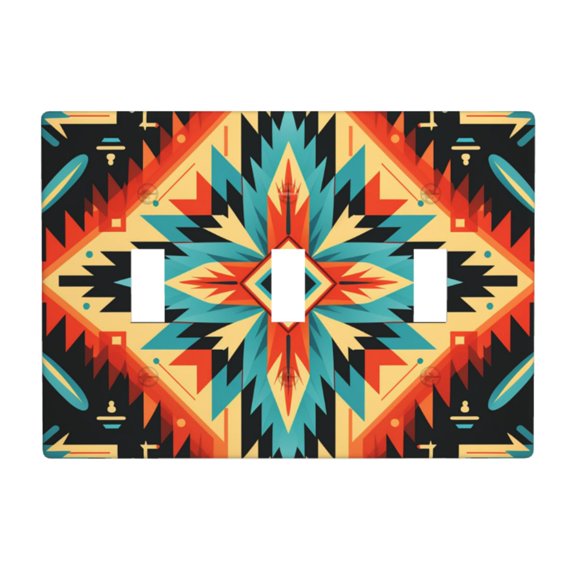Decorative 3-Gang Toggle Light Switch Wall Plate, Triple Decorative Outlet Cover for Home Decor, Aztec Baja Southwest Native Western Art