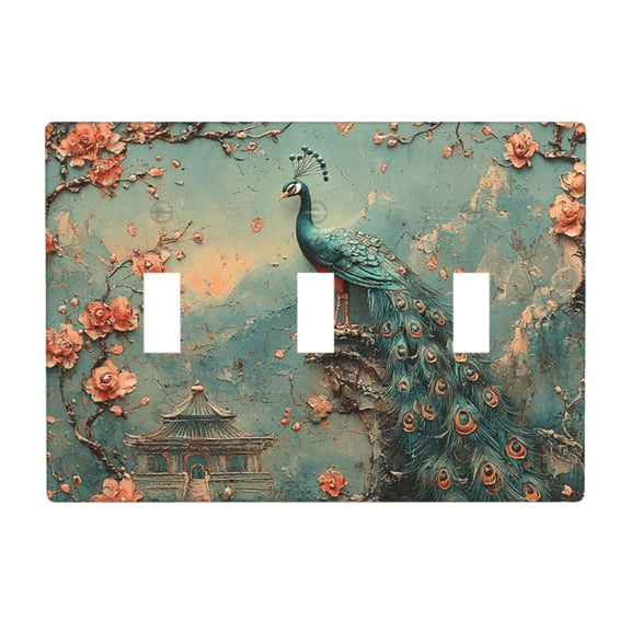 Decorative 3-Gang Toggle Light Switch Wall Plate, Triple Decorative Outlet Cover for Home Decor, Chinoiserie Oriental Chinese Peacock Retro