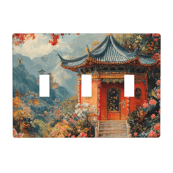 Decorative 3-Gang Toggle Light Switch Wall Plate, Triple Decorative Outlet Cover for Home Decor, Chinoiserie Temple Chinese