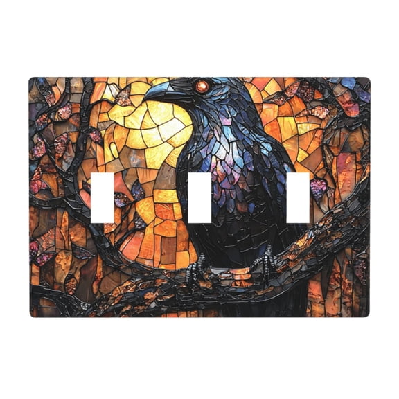 Decorative 3-Gang Toggle Light Switch Wall Plate, Triple Decorative Outlet Cover for Home Decor, Dark Crow Stained Glass Art