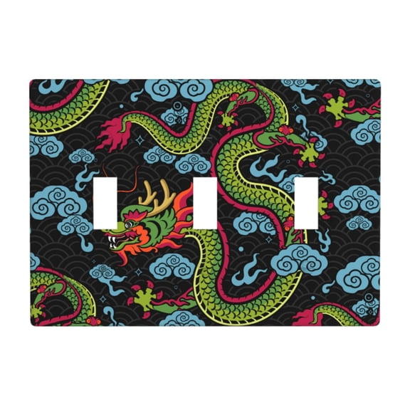 Decorative 3-Gang Toggle Light Switch Wall Plate, Triple Decorative Outlet Cover for Home Decor, Dragon Asian Chinese Zodiac