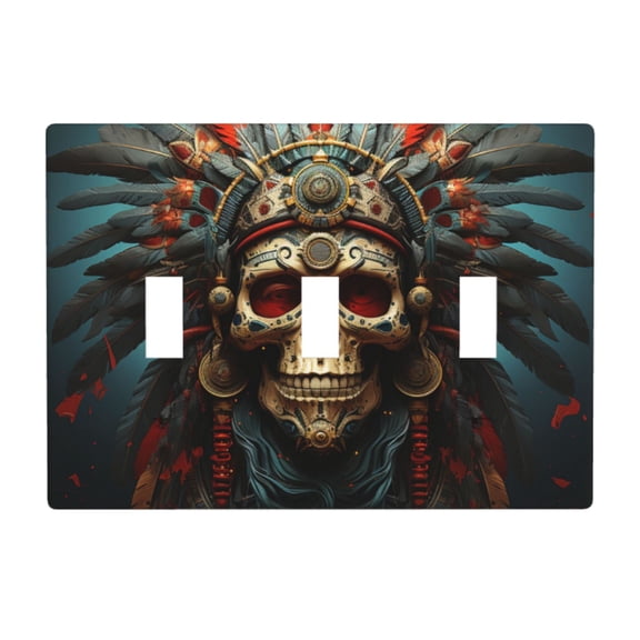 Decorative 3-Gang Toggle Light Switch Wall Plate, Triple Decorative Outlet Cover for Home Decor, Skull Indian Chief Head Art