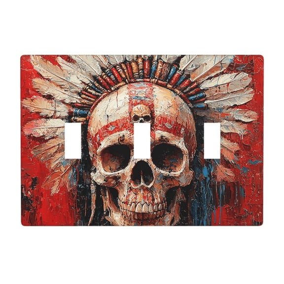 Decorative 3-Gang Toggle Light Switch Wall Plate, Triple Decorative Outlet Cover for Home Decor, Tribal Chief Skull Red