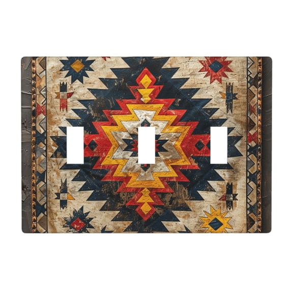 Decorative 3-Gang Toggle Light Switch Wall Plate, Triple Decorative Outlet Cover for Home Decor, Vintage Ethnic Aztec Native Southwest American