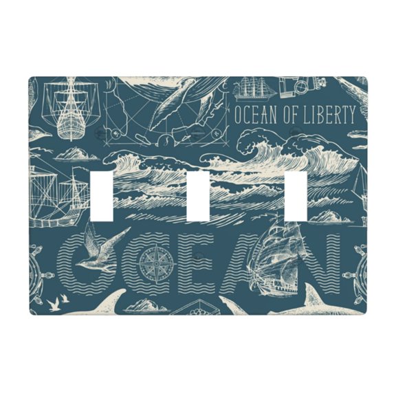 Decorative 3-Gang Toggle Light Switch Wall Plate, Triple Decorative Outlet Cover for Home Decor, Vintage Ocean Whale Shark