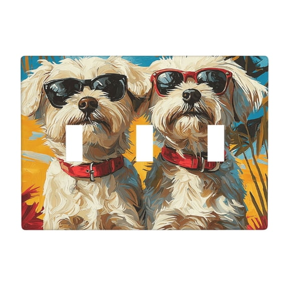 Decorative 3-Gang Toggle Light Switch Wall Plate, Triple Decorative Outlet Cover for Home Decor, Westie Dogs Tropical Retro