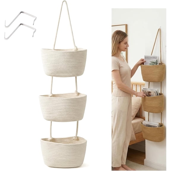 Decorative 3-Tier Hanging Organizer Bag, Over the Door Woven Cotton Wall-Mounted Storage Organizer Bag with Hooks, Wall Hanging Cotton Baskets, Cottage Core Decor (white)