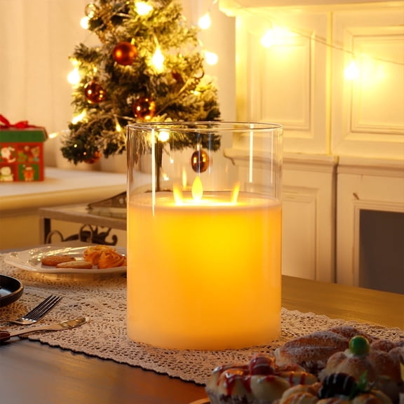 JHY DESIGN 3-Wick Flicker LED Flameless Pillar Candles with Timer, Real Wax, Battery Operated, 8'' High