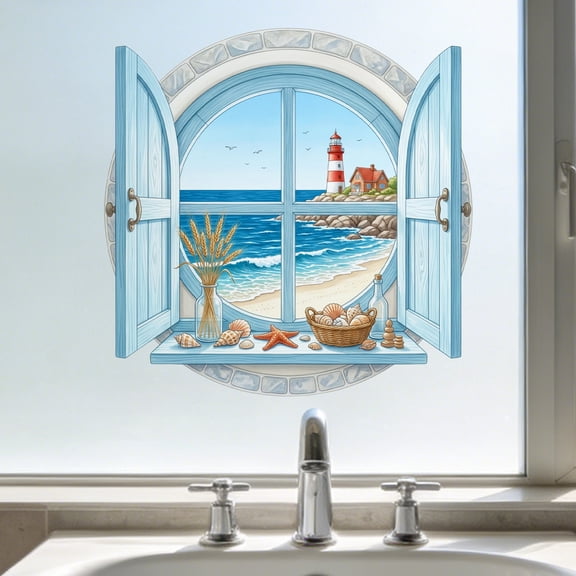 Decorative 3D Window View Decal Elegant Beach Ocean Scene Fake Window Wall Sticker for Living Room and Study