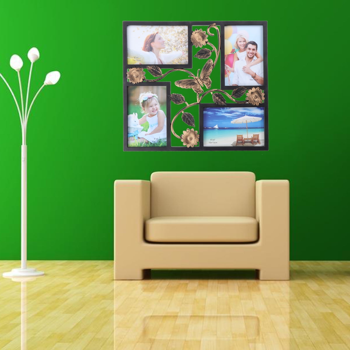 Decorative 4 Opening Wall Hanging Photo Frame with Flowers and Vintage Collage Family Picture