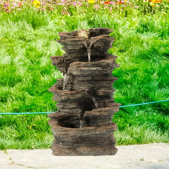 Decorative 4 Tier Rock Look Water Fountain with LED Rolling Glow Ball for Home and Garden