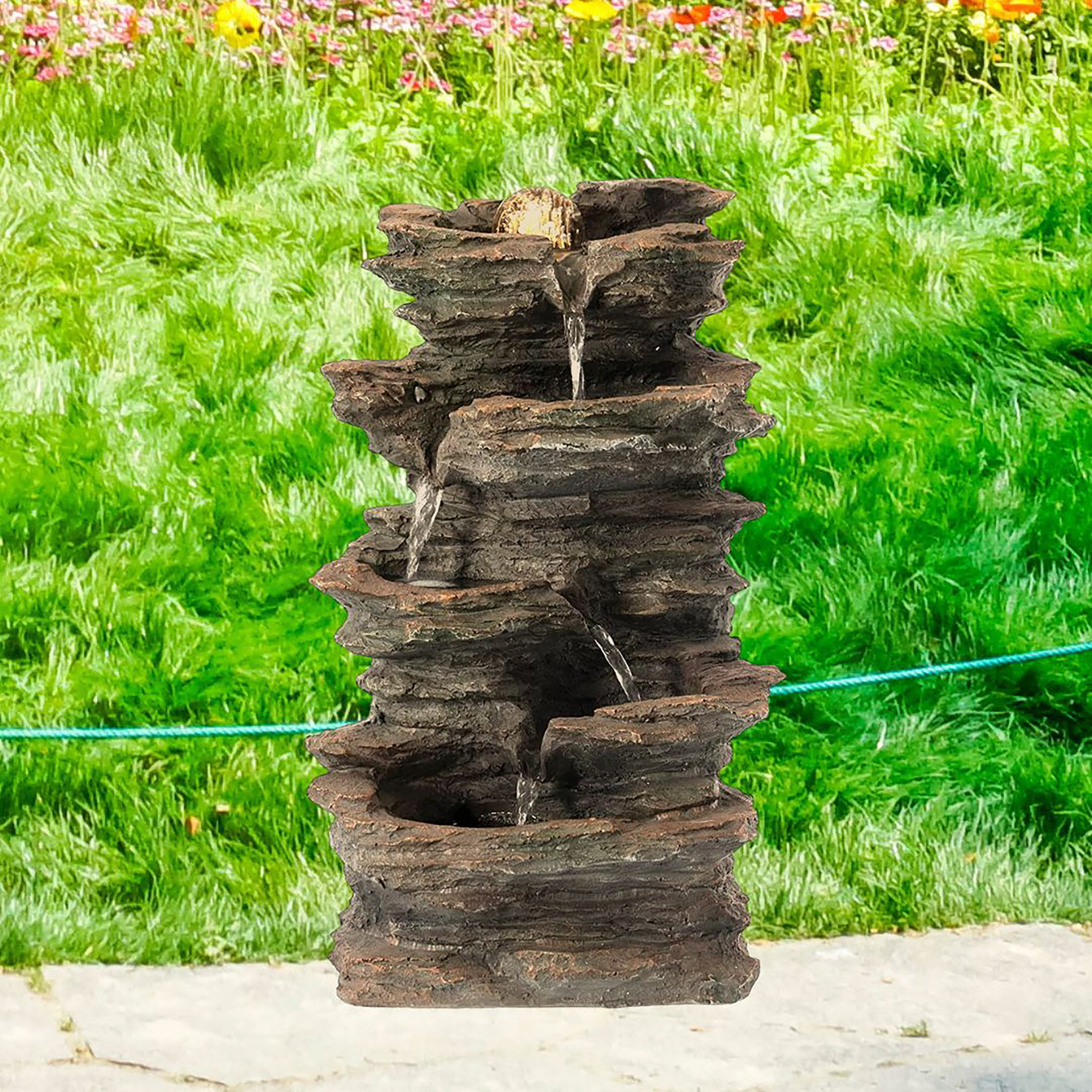 Decorative 4 Tier Rock Look Water Fountain with LED Rolling Glow Ball ...