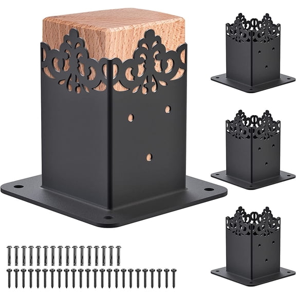 Decorative 4x4 Post Base, 4x4 Post Bracket (Inner Size 3.6" x 3.6"), Black Powder Coated Deck Railing Bracket, 4x4 Brackets for Wood Posts, Deck Post Support