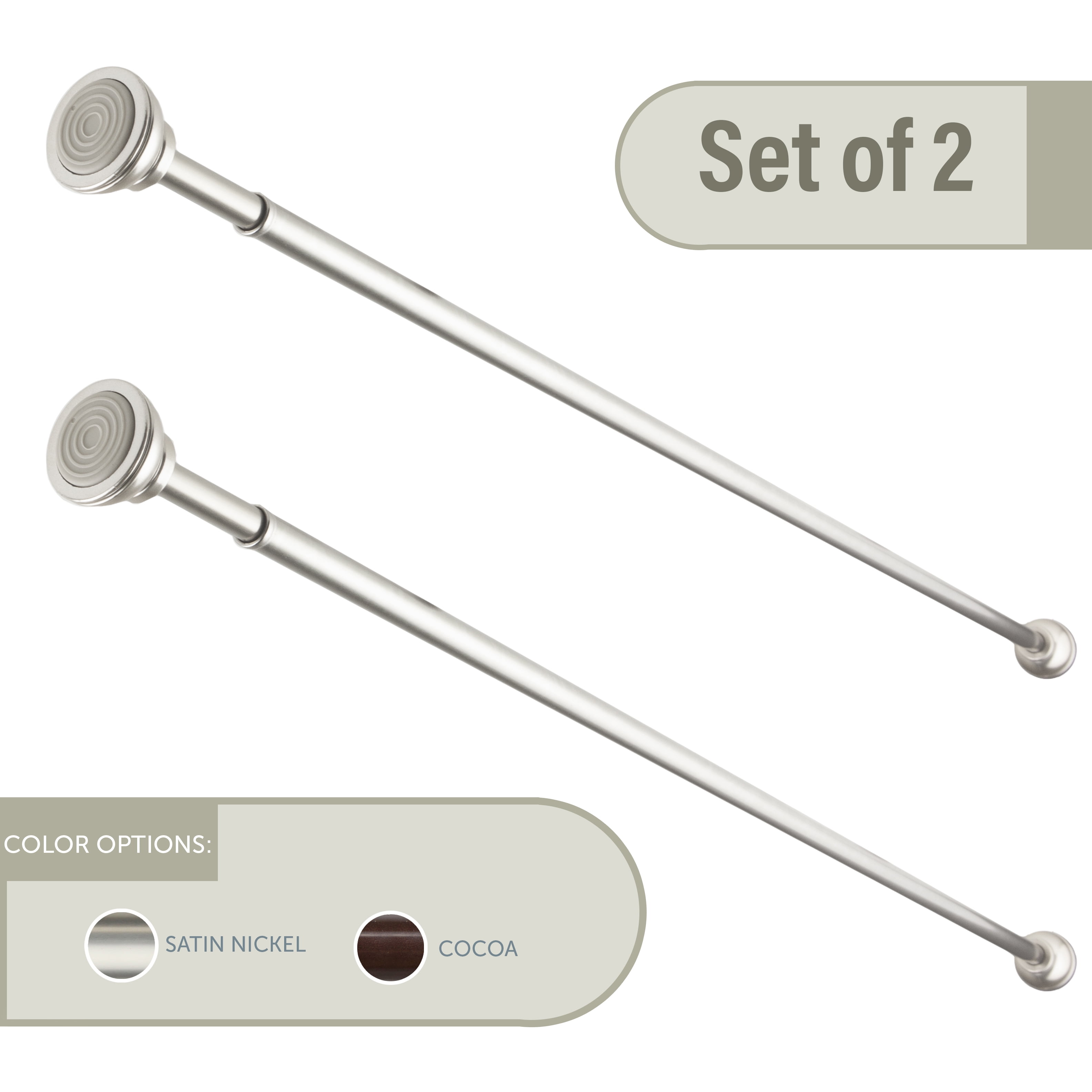 Decorative 7/16" Spring Tension Rod 24-36 inches - Satin Nickel (Set of 2)