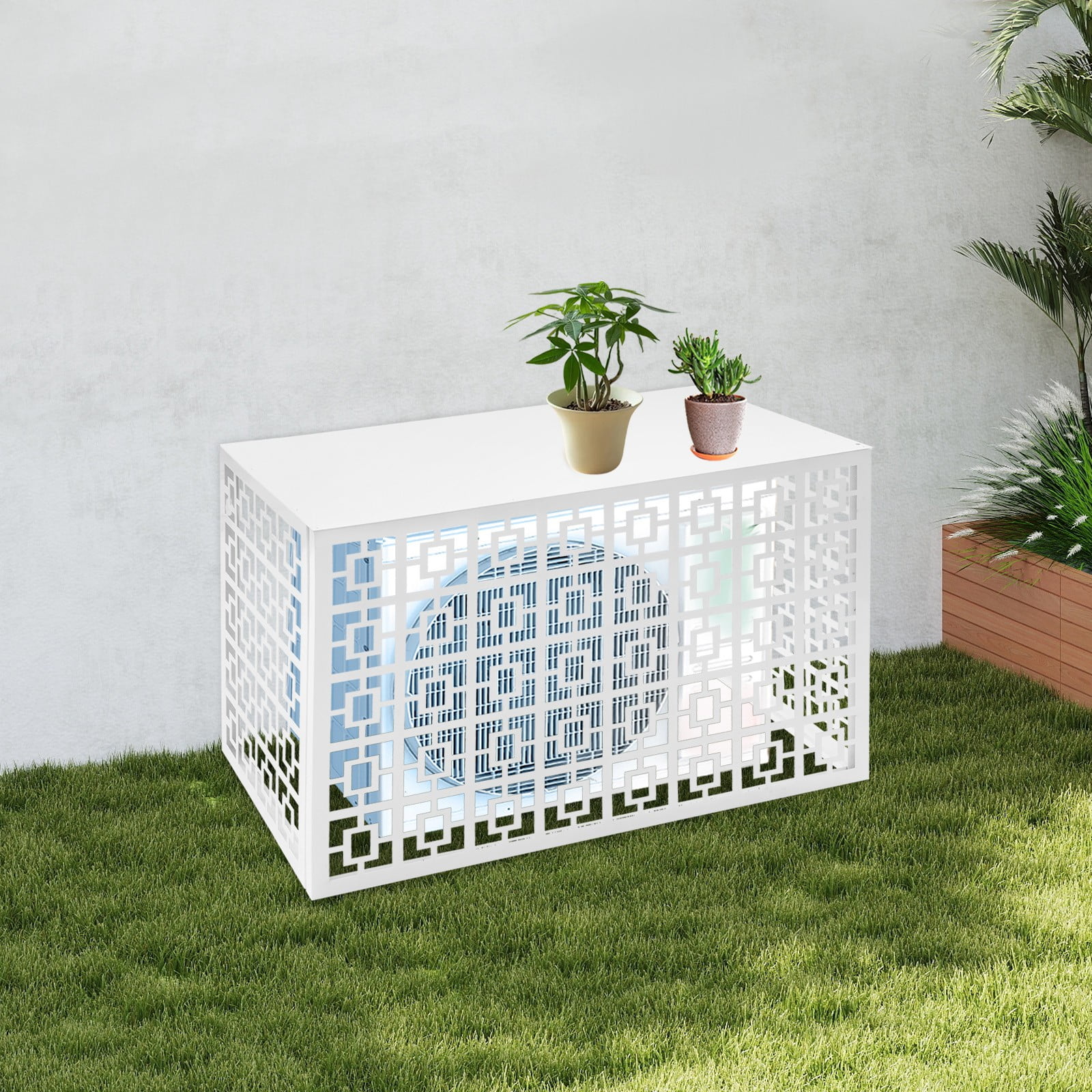 Decorative AC Fence, 39.37x27.55in Aluminum Screen, White Baking Paint, with Storage Top, for Pool Equipment & Generators