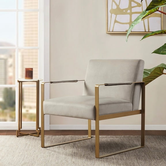 Decorative Accent Chair for Living Room | Striking Look with Fabric and Metal Design | Solid Wood Frame, Antique Gold Finish | Comfortable Foam for Seating