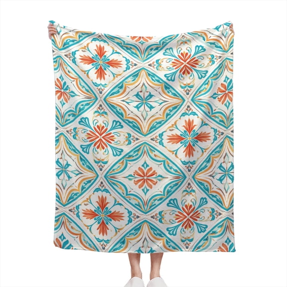 Decorative Accent Throw Blanket for Couch Sofa Bed Soft Flannel Blanket for Bedroom Living Room Abstract Pattern Mosaic Modern Aesthetic Quilted Tile Print in Blue, Coral-Red & White
