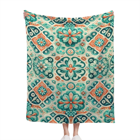 Decorative Accent Throw Blanket for Couch Sofa Bed – Soft Flannel Blanket for Bedroom Living Room Abstract Pattern Mosaic Modern Aesthetic Tile Print in Teal Blue, Coral & Beige Tones