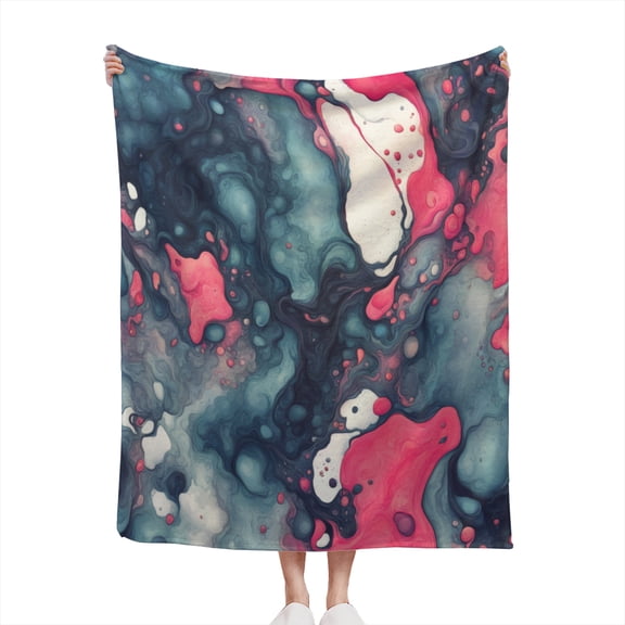 Decorative Accent Throw Blanket for Couch Sofa Bed Soft Flannel Blanket for Bedroom Living Room Abstract Wash White Hot Pink and Blue-Grey Watercolor Modern Pattern Print Design