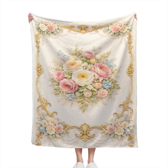 Decorative Accent Throw Blanket for Couch Sofa Bed  Soft Flannel Blanket for Bedroom Living Room Floral Aesthetic Vintage Style Gold, Blue, Cream and Pink Roses Flower Bouquet Design