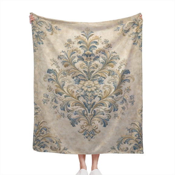 Decorative Accent Throw Blanket for Couch Sofa Bed Soft Flannel Blanket for Bedroom Living Room Floral Grunge Vintage Style Aesthetic Pattern Print Design in Blue, Beige & Cream Color Tones