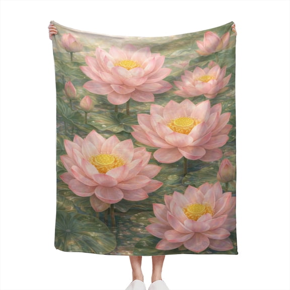 Decorative Accent Throw Blanket for Couch Sofa Bed Soft Flannel Blanket for Bedroom Living Room Floral Pink Lotus Flowers on Lily Pods - Gentle Zen Flower Blossoms Print Design