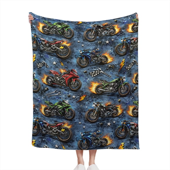 Decorative Accent Throw Blanket for Couch Sofa Bed Soft Flannel Blanket for Bedroom Living Room Grunge Motorcycles Pattern Flaming Racing Motorbikes Design