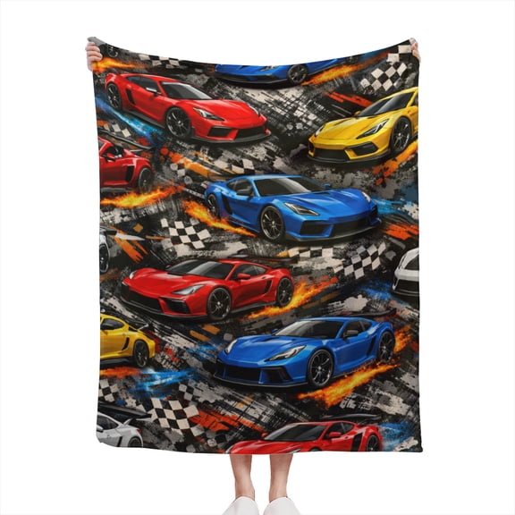 Decorative Accent Throw Blanket for Couch Sofa Bed  Soft Flannel Blanket for Bedroom Living Room Grunge Sportscars Pattern Flaming Racing Sport Car Vehicles Design