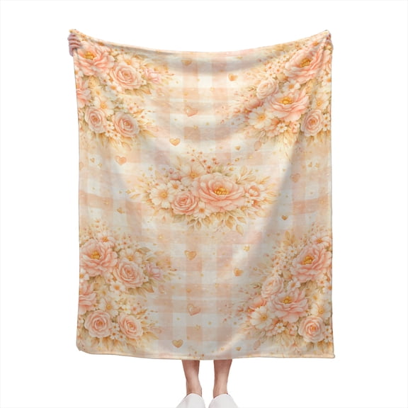 Decorative Accent Throw Blanket for Couch Sofa Bed Soft Flannel Blanket for Bedroom Living Room Pastel Gingham Floral Hearts Pattern Plaid Vintage Style Pink Peach Gold Tones Design
