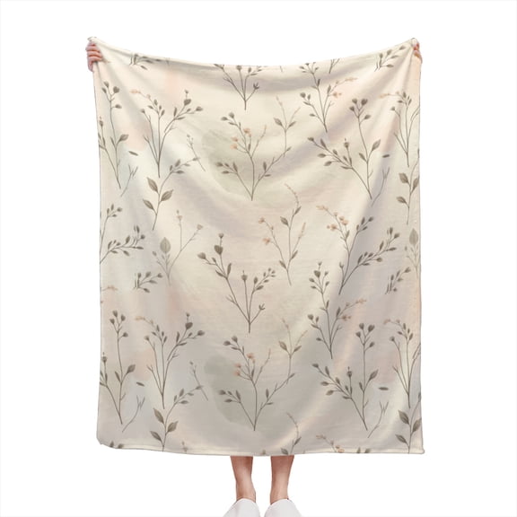 Decorative Accent Throw Blanket for Couch Sofa Bed Soft Flannel Blanket for Bedroom Living Room Watercolor Abstract Sage Blush and Cream Leaves and Wildflowers Pattern