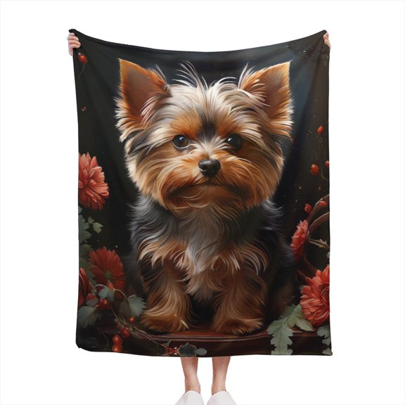 Decorative Accent Throw Blanket for Couch Sofa Bed Soft Flannel Blanket for Bedroom Living Room Yorkie Yorkshire Terrier with Roses Puppy Pet Dog Romantic Design