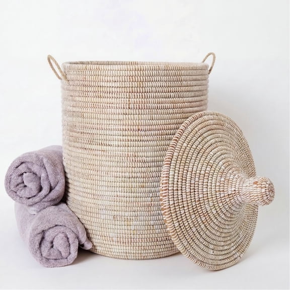 Decorative African Basket with Lid and Handles, 15" Wide, 19" Tall (White)
