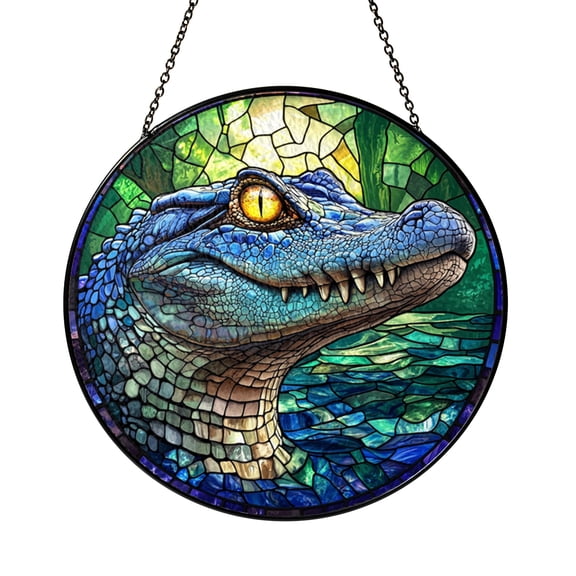 Decorative Alligator Stained Glass Sun Catcher, Circular Window Hanging Art, Colorful Light Reflection