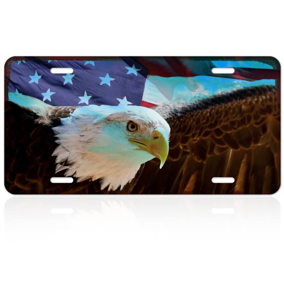 Decorative American Flag Eagle Front License Plate Novelty Car Sign, 6x12 Inches, Rust Free .040 Aluminum, Fade Resistant, Made in USA