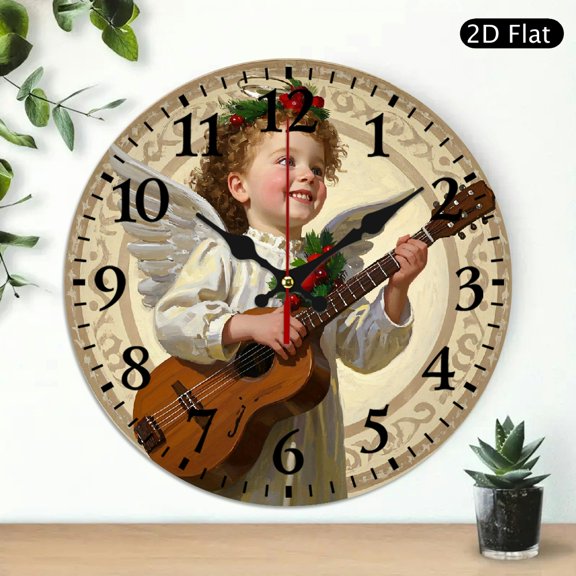 Decorative Angel Child Wall Clock with Holly Wreath and Musical Instrument, Round 10x10 Inch, 1pc, Battery Not Included