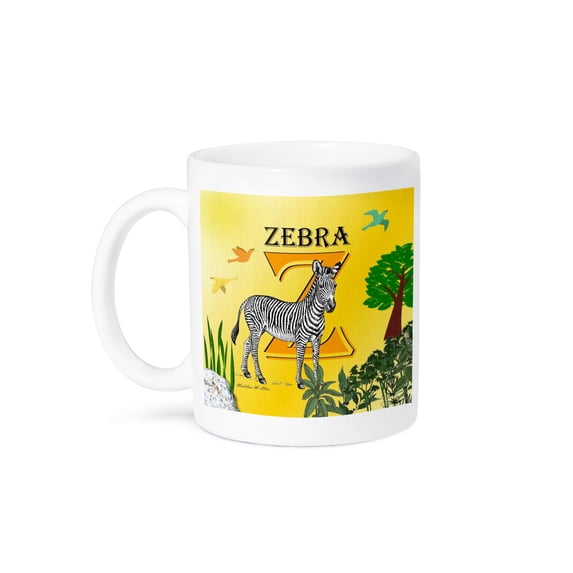 3dRose, Decorative Animal Alphabet Art for children - Z is for a black and white Zebra, 15oz Mug