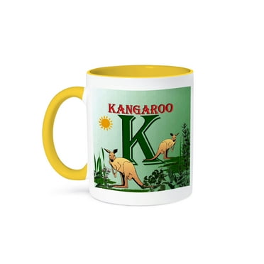 3dRose, Decorative Animal Alphabet Art for children - K is for Kangaroos that go hopping by, 11oz Two-Tone Yellow Mug