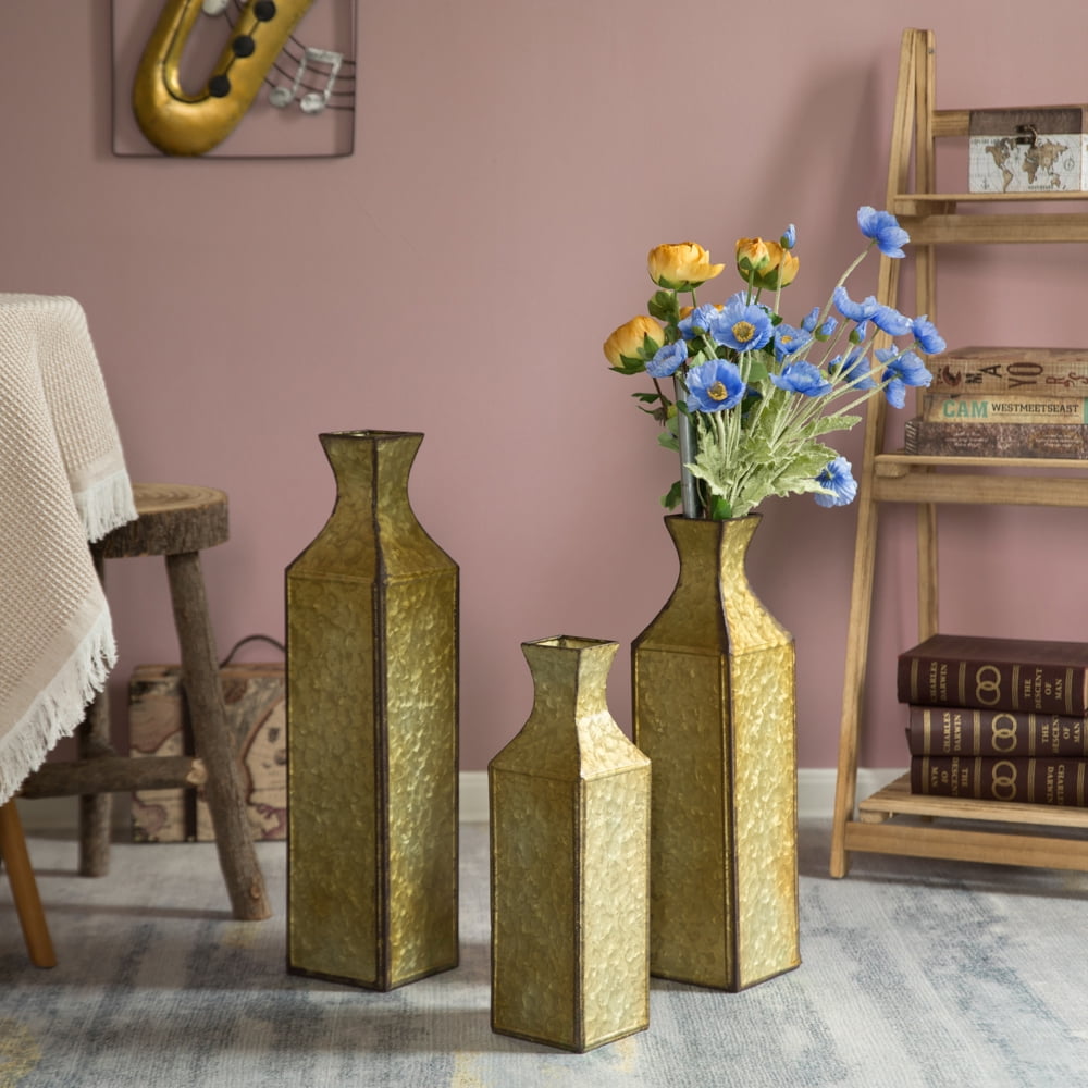 Medium Gold Textured Metal Bottle Shape Floor Vase