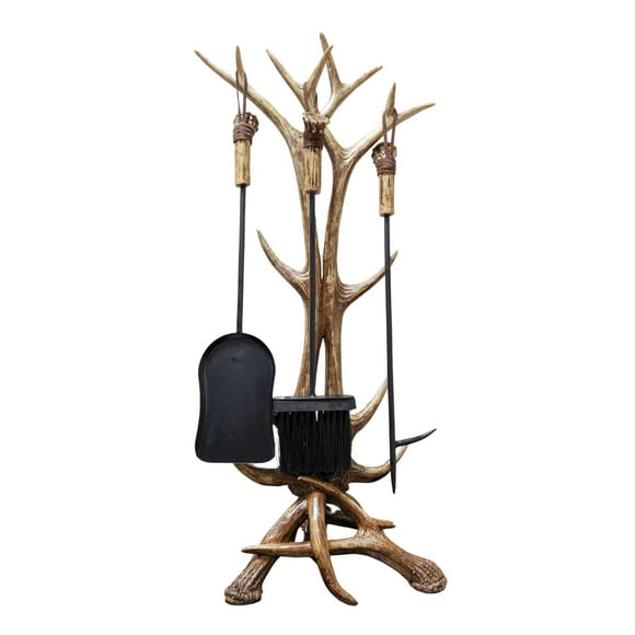 Decorative Antler Fireplace Tools (3 Piece Set) with Stand - Brush, Shovel, Poker - Rustic Home, Lodge & Cabin Accessory
