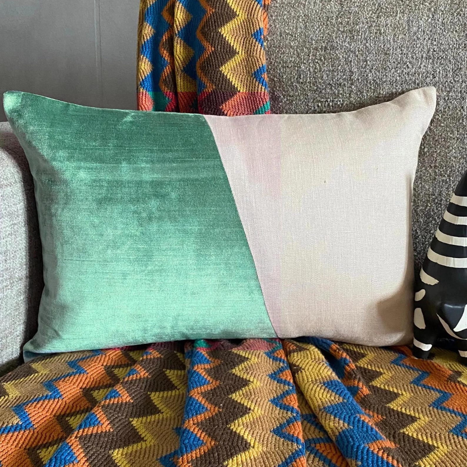 Decorative Aqua Blue 12"x20" (30x50 cm) Lumbar Pillow Cover, Velvet & Linen Solid Color Block Oblong Pillow, Patchwork Pattern Modern Style - Velutinous Aqua