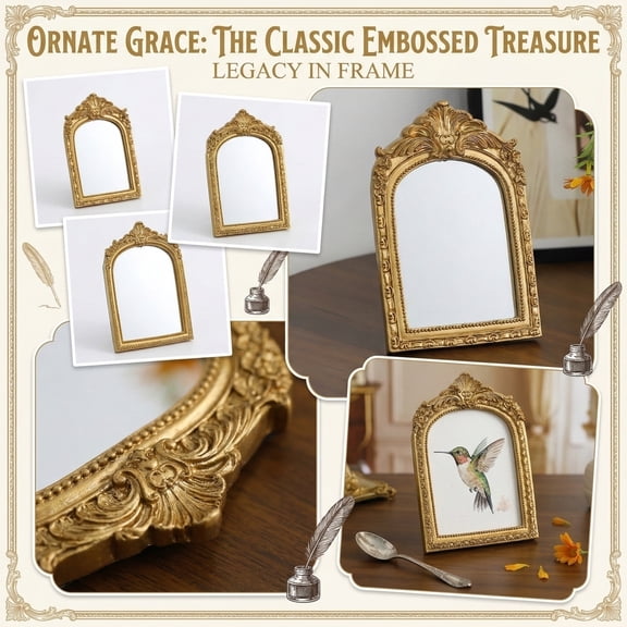 Decorative Arched Mirror, Vintage Gold Mirror, Baroque Ornate Frame Mirror, 7X5 Inch Small Table Top Mirror, French Retro Resin Embossed Frame for Desktop Display, Gallery Wall