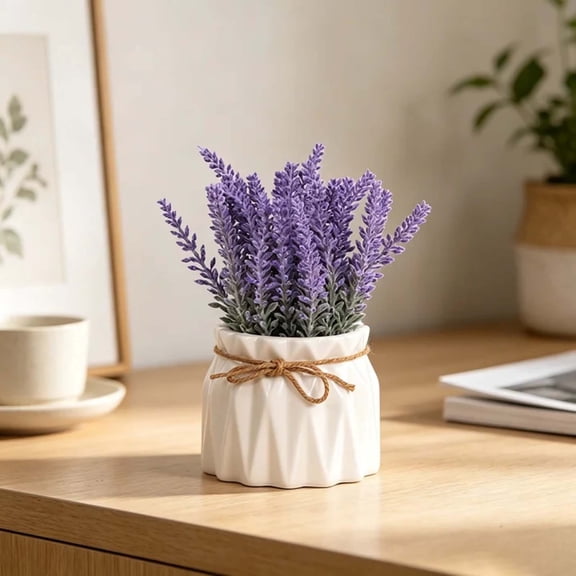 Decorative Artificial Lavender , Flower in White Pot for Shelf & Table Decor