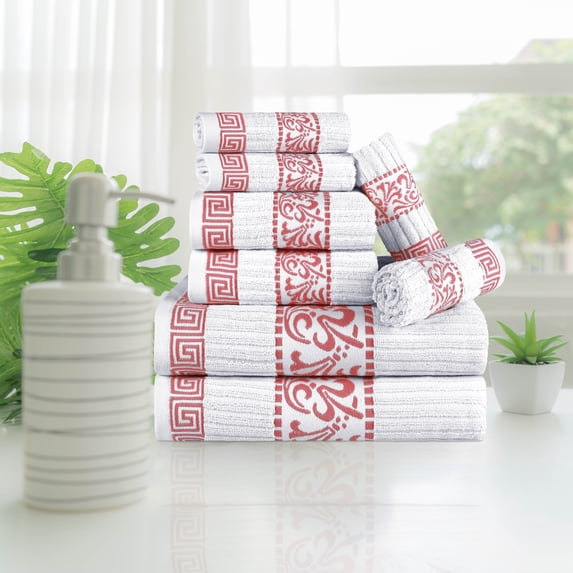 Decorative Assorted 8-Piece Cotton Luxury Bath Towel Set for Bathroom, 13" x 13”, 16” x 30”, 30” x 52”, Coral by Blue Nile Mills