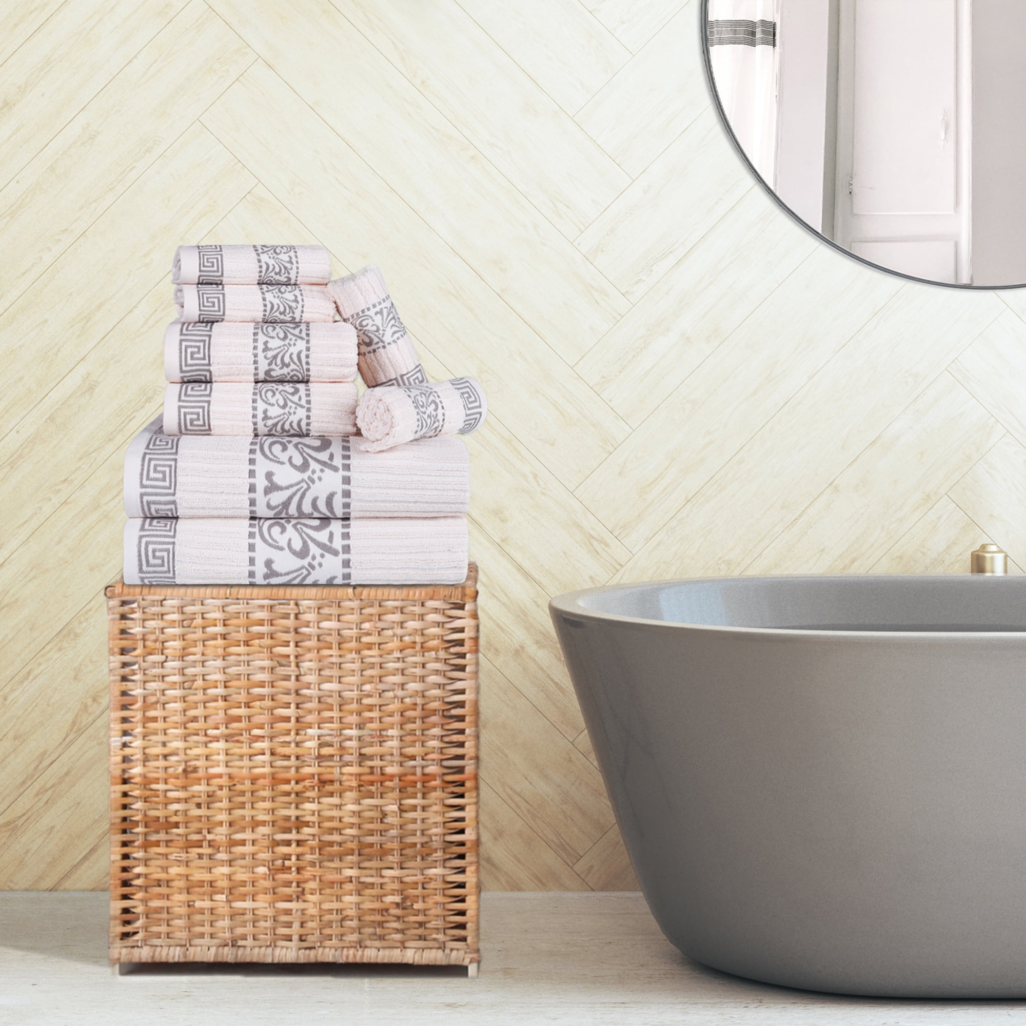 Decorative Assorted 8-Piece Cotton Luxury Bath Towel Set for Bathroom, 13" x 13”, 16” x 30”, 30” x 52”, Ivory-Chrome by Blue Nile Mills