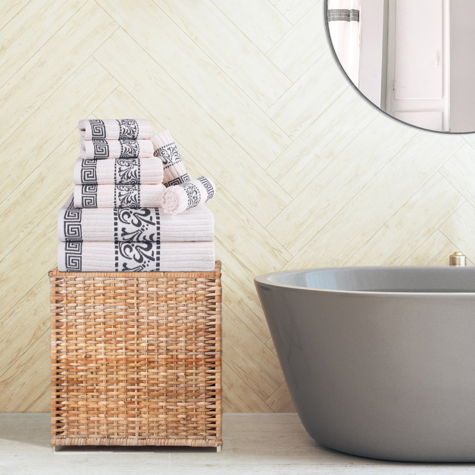 Decorative Assorted 8-Piece Cotton Luxury Bath Towel Set for Bathroom, 13" x 13”, 16” x 30”, 30” x 52”, Ivory-Grey by Blue Nile Mills