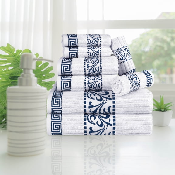 Decorative Assorted 8-Piece Cotton Luxury Bath Towel Set for Bathroom, 13" x 13”, 16” x 30”, 30” x 52”, Navy-Blue by Blue Nile Mills