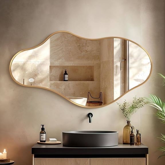 Decorative Asymmetrical Wall Mirror - 20" x 36" Cloud-Shaped Design with Brushed Aluminum Alloy Frame, Tempered Glass