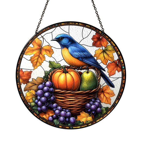 Decorative Autumn Bird Glass Window Accent, Round Nature Scene Hanging Art for Seasonal Home Window Display