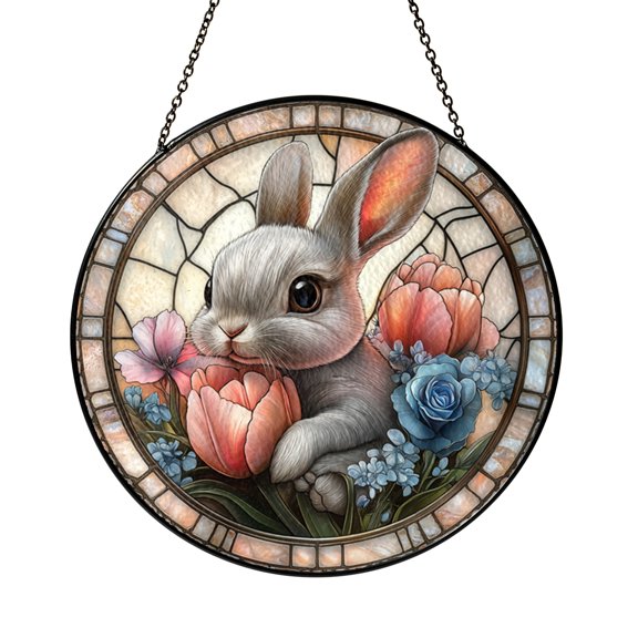 Decorative Baby Bunny Floral Stained Glass Suncatcher, Spring Window Art Hanging Panel, Nature Inspired Home Decor Accent Gift