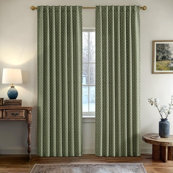 Decorative Back Tab Linen Curtains with Geometric Pattern for Living Room Bedroom Farmhouse Rustic Thick Woven Textured Patterned Mudcloth Drapes 96 Inches Long 2 Panels Set, Olive Green
